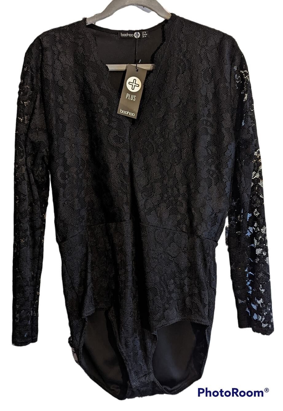 NWT Boohoo Plus Romantic Deep V Long Sleeve Lace Plunge Bodysuit US 14/UK 18